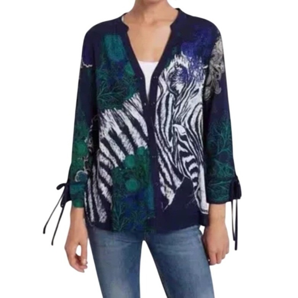 Desigual Women's Blue Zebra Floral Print‎ V Neck 3/4 Sleeve Tunic Top Size S